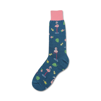 crew length flamingo socks in pink and blue with green leaves and pink flowers. fun, novelty flamingo socks for men.   