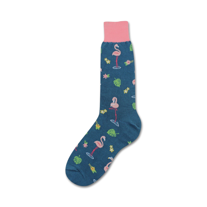 crew length flamingo socks in pink and blue with green leaves and pink flowers. fun, novelty flamingo socks for men.    }}