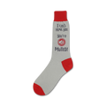 Grey crew socks with red cuffs.  The socks feature a navy graphic that says "I can't hear you, you're muted!"