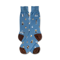 Pair of light blue crew socks with brown cuffs. The socks are adorned with a pattern of coffee cups, pots, and other coffee-related items.