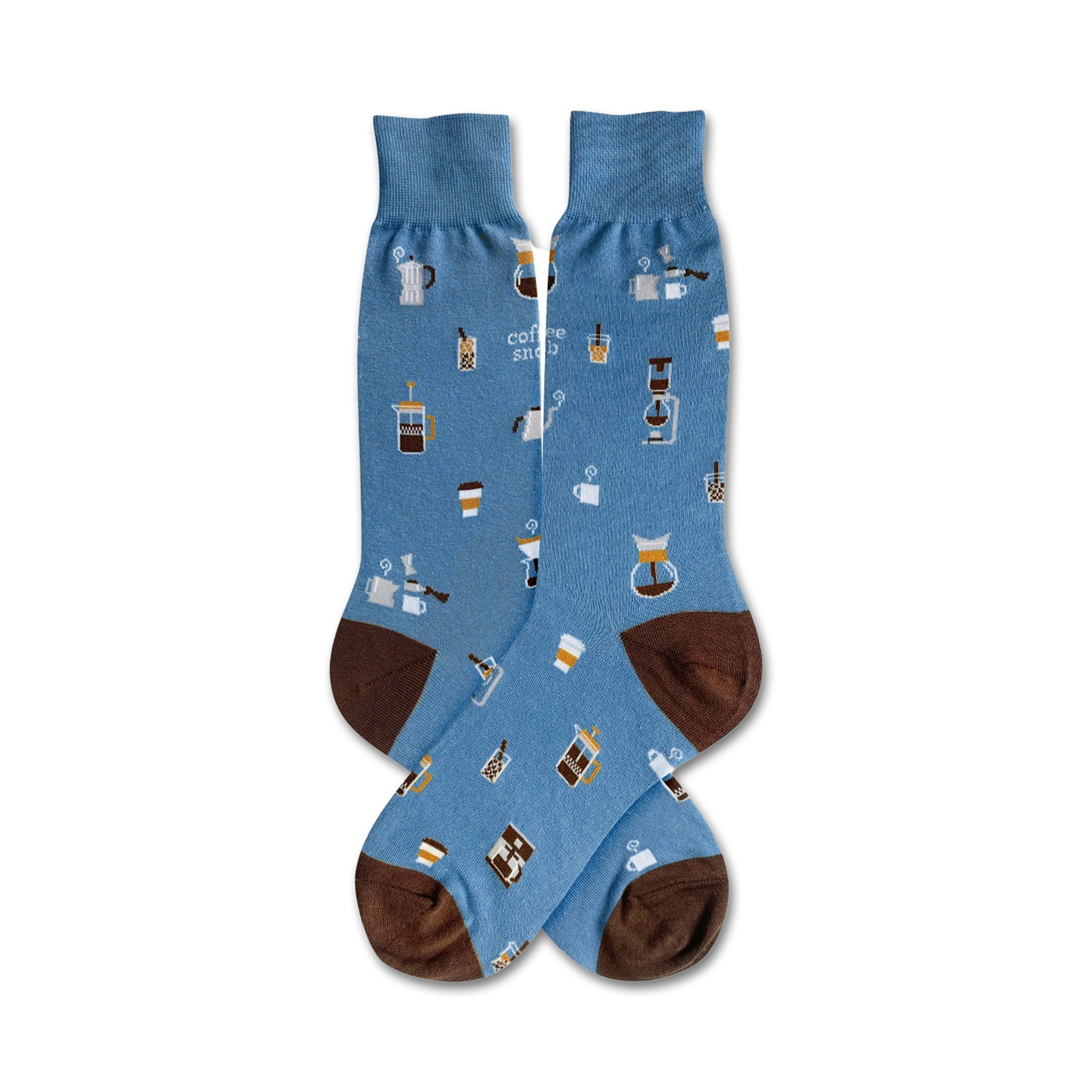 Pair of light blue crew socks with brown cuffs. The socks are adorned with a pattern of coffee cups, pots, and other coffee-related items.