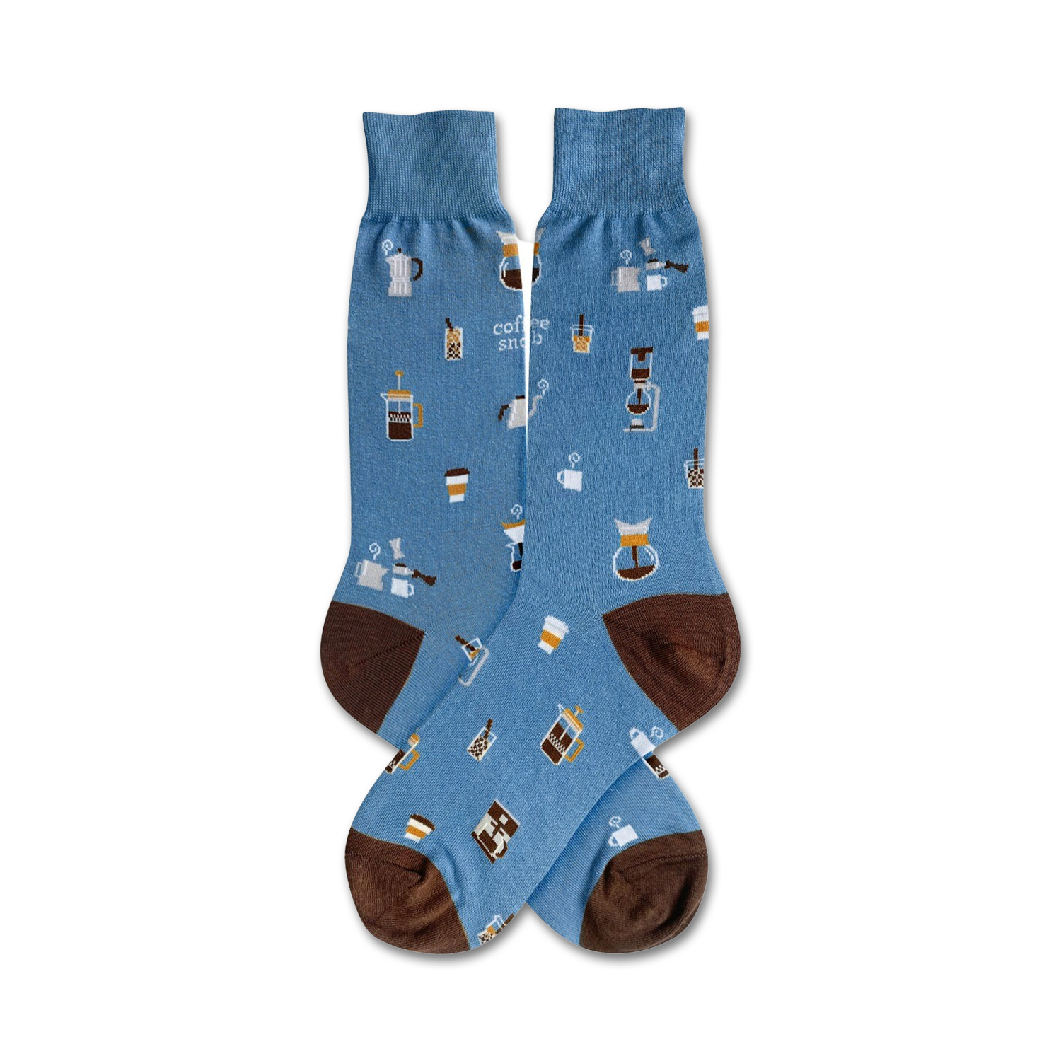 Pair of light blue crew socks with brown cuffs. The socks are adorned with a pattern of coffee cups, pots, and other coffee-related items.