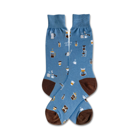 blue crew socks with coffee-related images and 'coffee snob' text.  