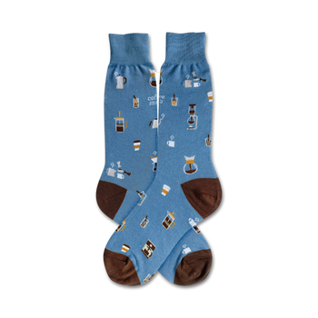 blue crew socks with coffee-related images and 'coffee snob' text.  