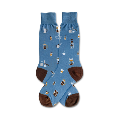 blue crew socks with coffee-related images and 'coffee snob' text.  