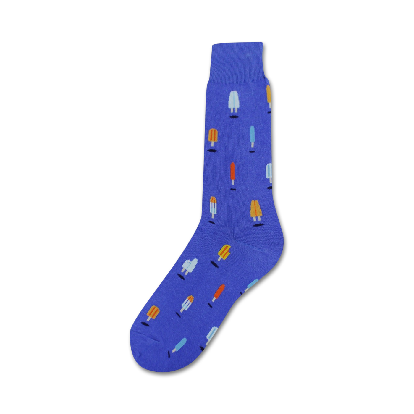 Blue crew socks with a fun pattern of colorful popsicles in orange, light blue, and white.  Perfect for summer!