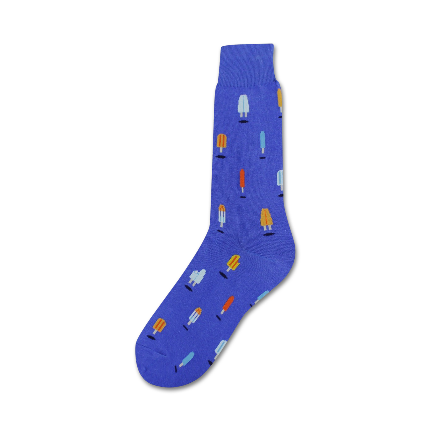 Blue crew socks with a fun pattern of colorful popsicles in orange, light blue, and white.  Perfect for summer!