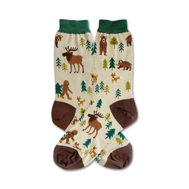woodlands creatures socks in cream, brown, and green with adorable forest animals and bigfoot design.  