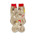 A pair of beige crew socks adorned with various colorful mushroom illustrations. Red, brown, and yellow mushrooms are playfully scattered on the sock's surface.