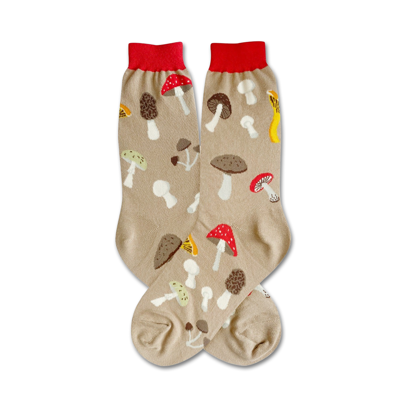 A pair of beige crew socks adorned with various colorful mushroom illustrations. Red, brown, and yellow mushrooms are playfully scattered on the sock's surface.