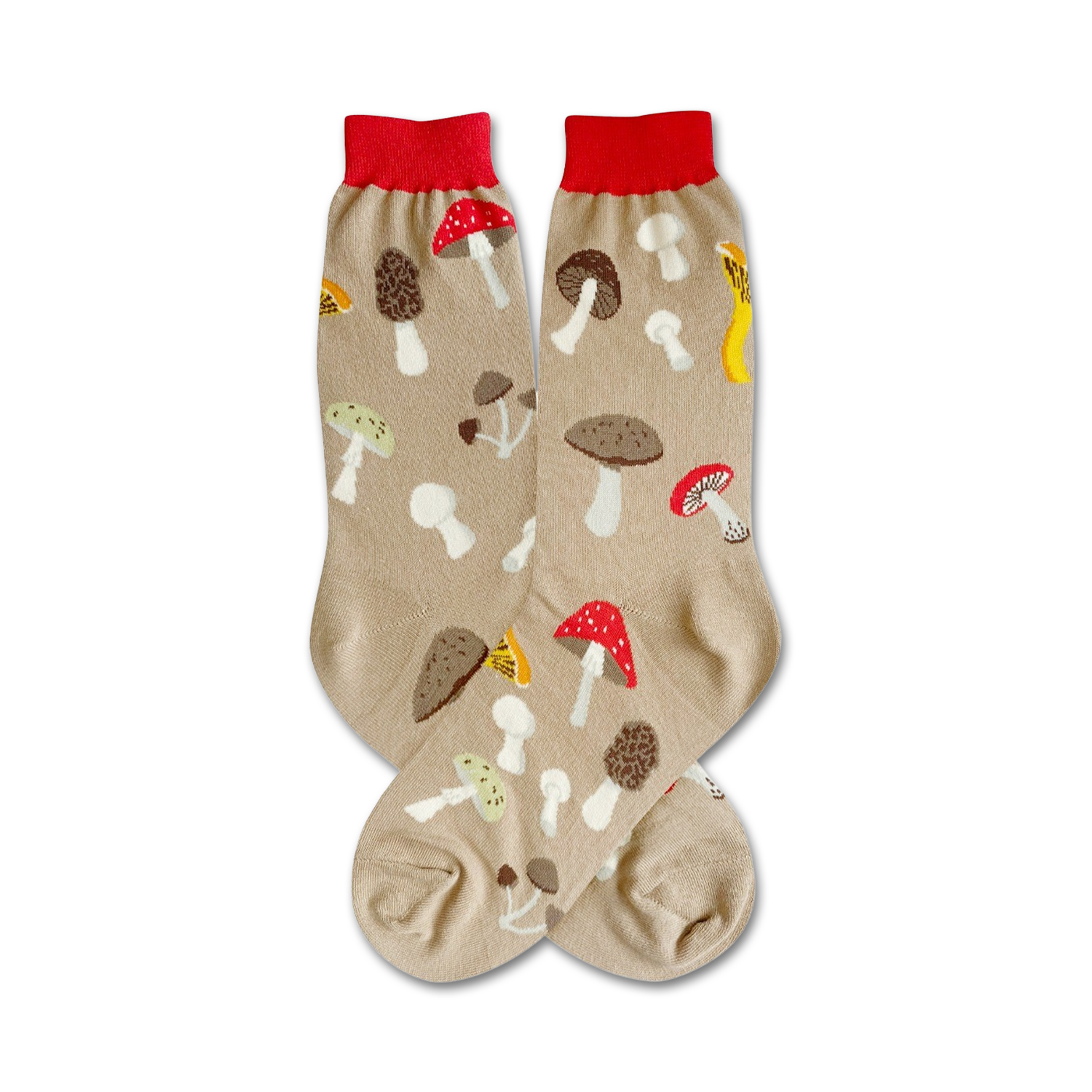 A pair of beige crew socks adorned with various colorful mushroom illustrations. Red, brown, and yellow mushrooms are playfully scattered on the sock's surface.