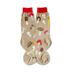 light tan crew socks with colorful mushroom pattern, made for women.  