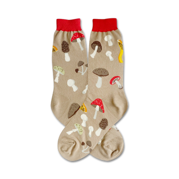 light tan crew socks with colorful mushroom pattern, made for women.  