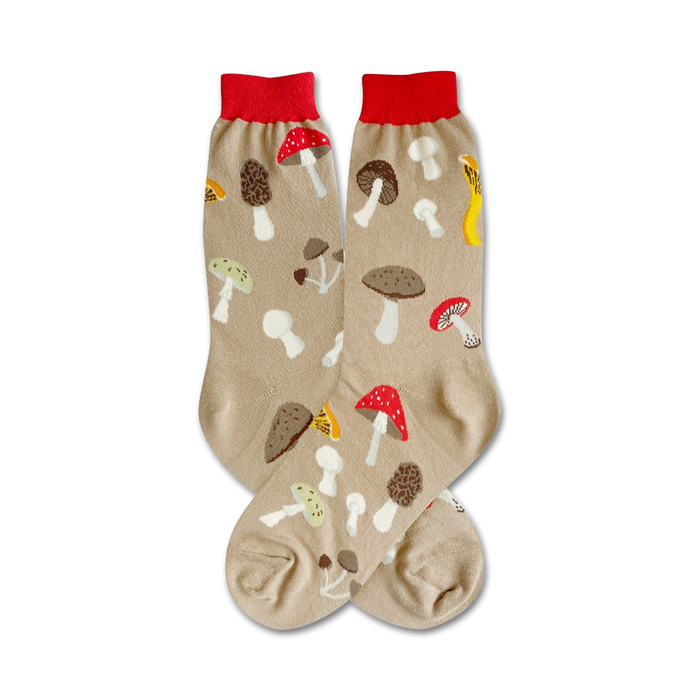 light tan crew socks with colorful mushroom pattern, made for women.   }}