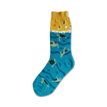 Crew socks in teal and yellow. The teal section features multiple sea turtles swimming. The yellow cuff has smaller turtles and a starfish.