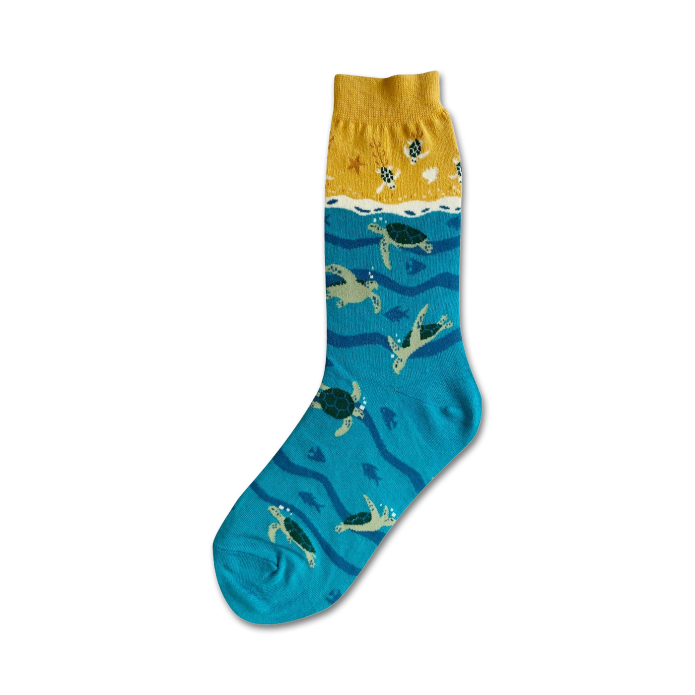 Crew socks in teal and yellow. The teal section features multiple sea turtles swimming. The yellow cuff has smaller turtles and a starfish.