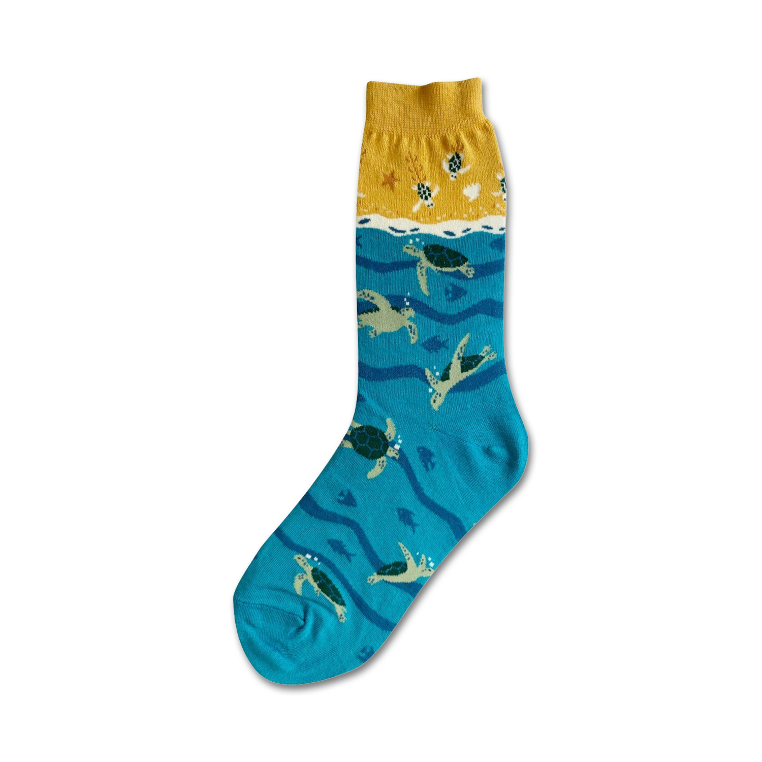 Crew socks in teal and yellow. The teal section features multiple sea turtles swimming. The yellow cuff has smaller turtles and a starfish.