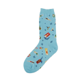 A light blue crew sock features swimmers, sunbathers, sharks, and starfish on a whimsical beach scene.