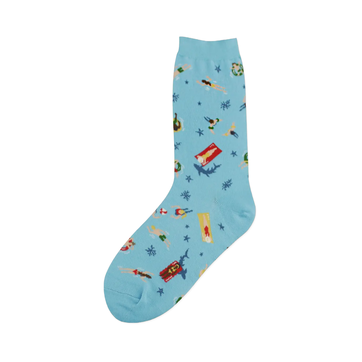 A light blue crew sock features swimmers, sunbathers, sharks, and starfish on a whimsical beach scene.