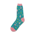 Crew socks in teal with a pink flamingo and tropical leaf print. Pink toe and heel. Fun and vibrant.