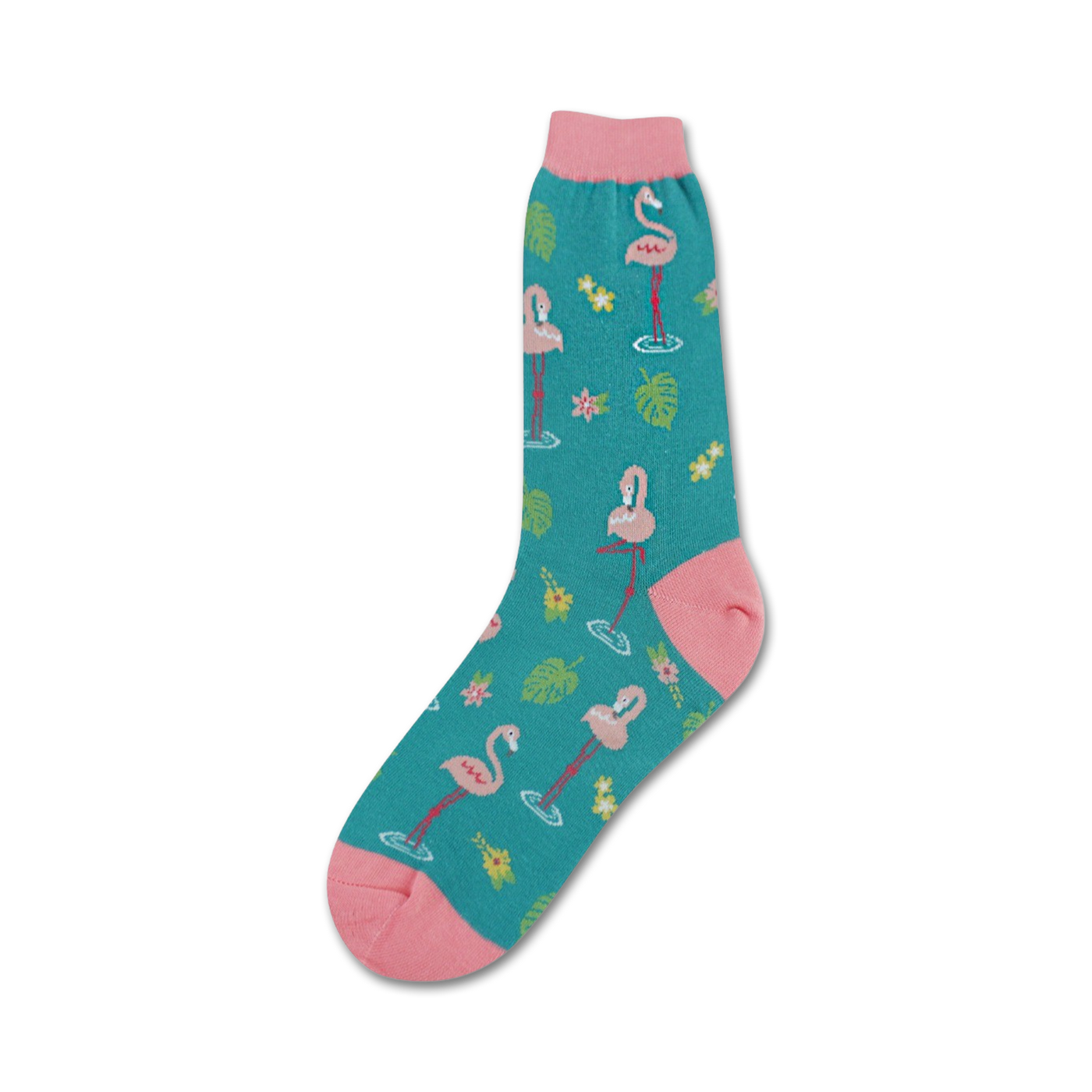 Crew socks in teal with a pink flamingo and tropical leaf print. Pink toe and heel. Fun and vibrant.