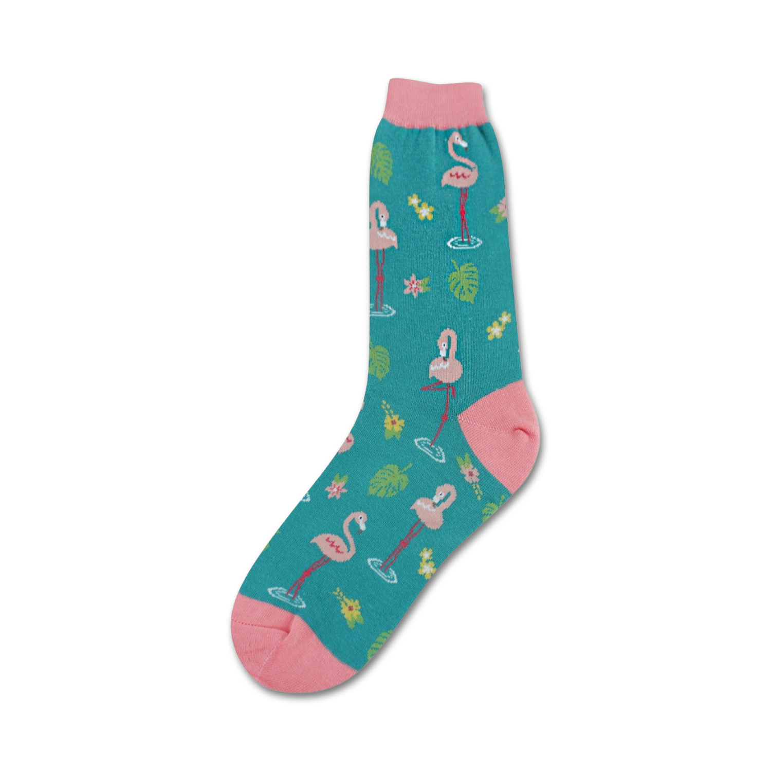 Crew socks in teal with a pink flamingo and tropical leaf print. Pink toe and heel. Fun and vibrant.
