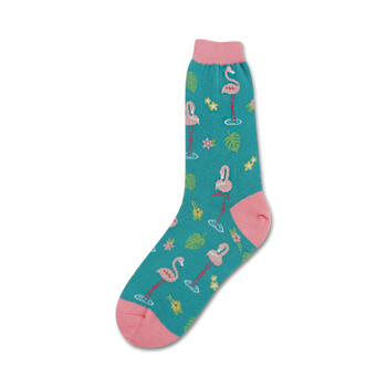 teal blue socks with pink flamingos on green lily pads, pink toes and tops; crew length; women's.  