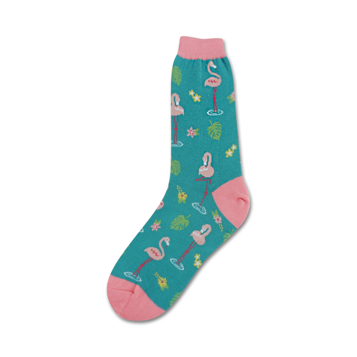 teal blue socks with pink flamingos on green lily pads, pink toes and tops; crew length; women's.   }}