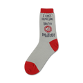 Crew socks in light grey and red.  The design features the words 'I can't hear you. You're MUTED!' with a mute symbol.