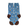 Pair of blue crew socks with brown heels and toes. Features illustrated coffee cups, pots, and other coffee-making equipment.