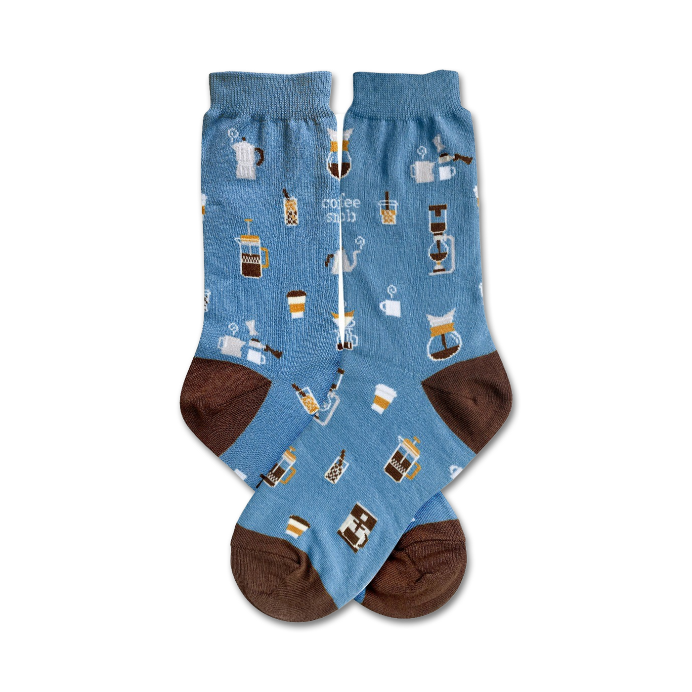 Pair of blue crew socks with brown heels and toes. Features illustrated coffee cups, pots, and other coffee-making equipment.