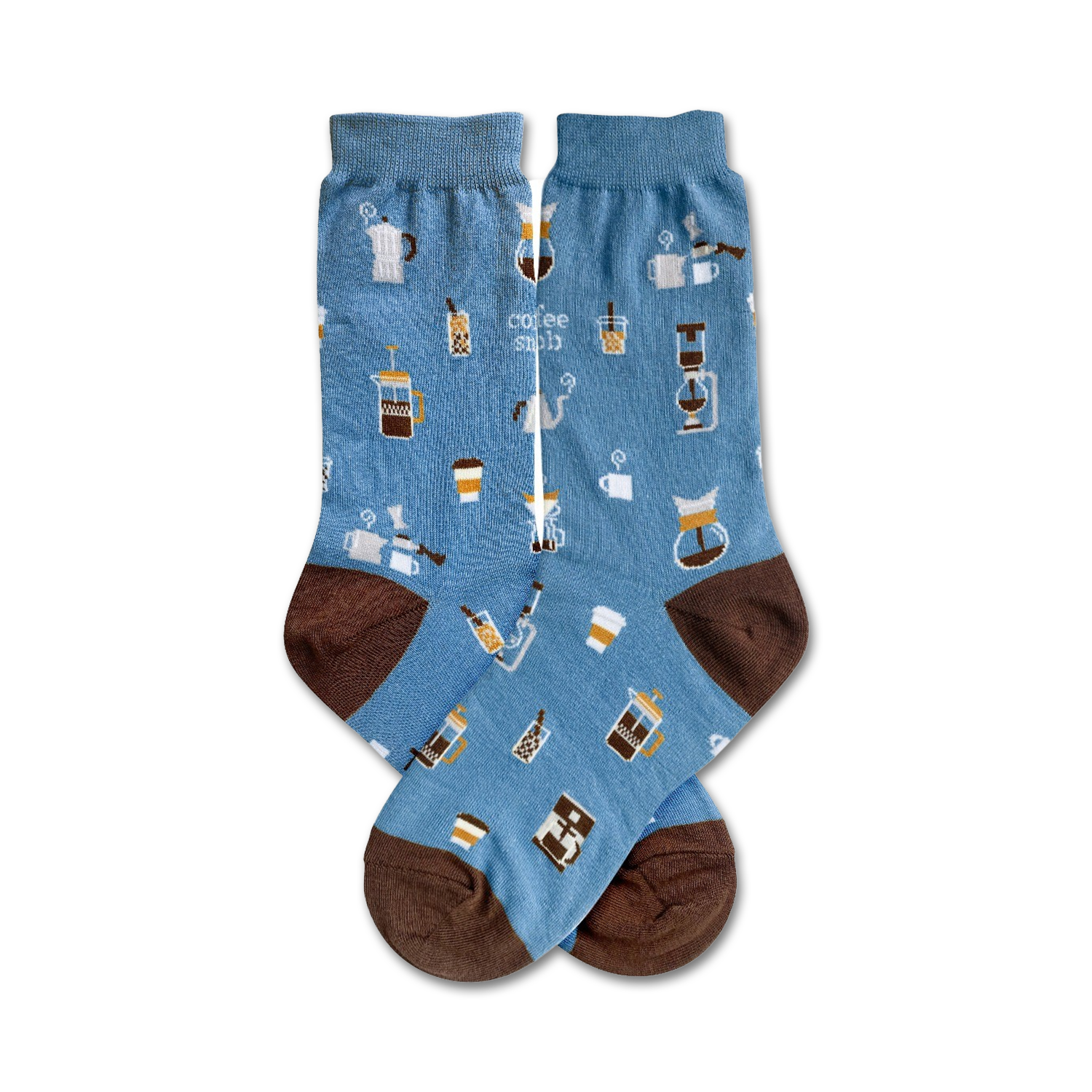 Pair of blue crew socks with brown heels and toes. Features illustrated coffee cups, pots, and other coffee-making equipment.