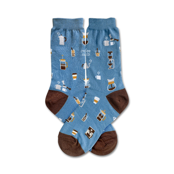 blue womens crew socks with patterns of coffee related items including coffee cups, coffee beans, coffee pots and the words "coffee snob".   