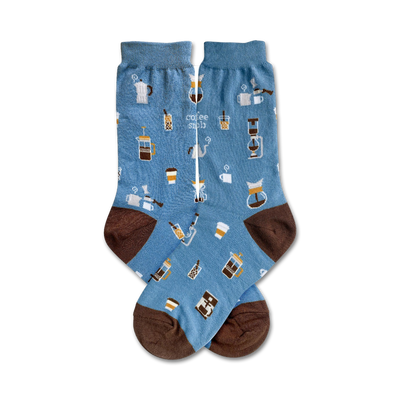 blue womens crew socks with patterns of coffee related items including coffee cups, coffee beans, coffee pots and the words "coffee snob".   