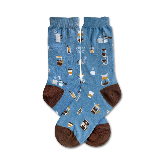 blue womens crew socks with patterns of coffee related items including coffee cups, coffee beans, coffee pots and the words 