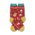 Pair of red crew socks with a teal cuff. Features a country design with guitars, boots, hats, and music notes. Text reads 'Hey Y'all!' and 'Bless your heart'.