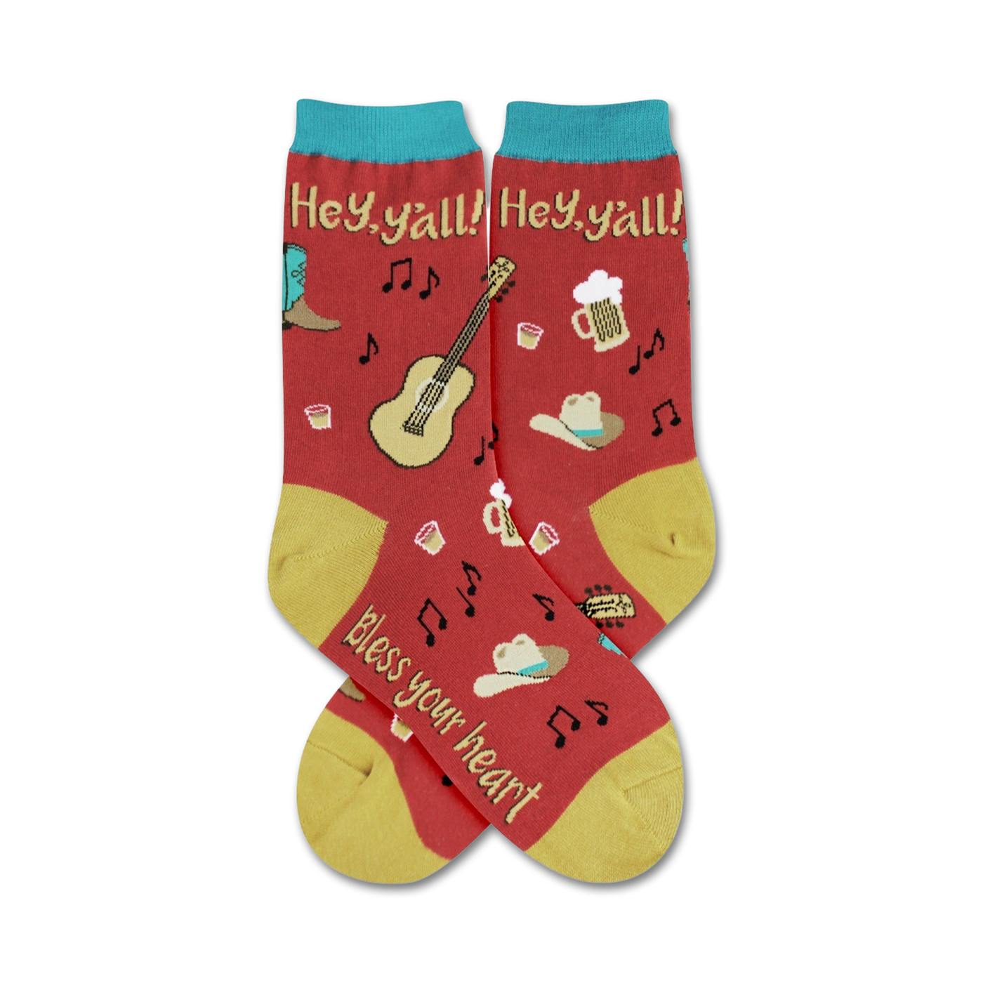 Pair of red crew socks with a teal cuff. Features a country design with guitars, boots, hats, and music notes. Text reads 'Hey Y'all!' and 'Bless your heart'.