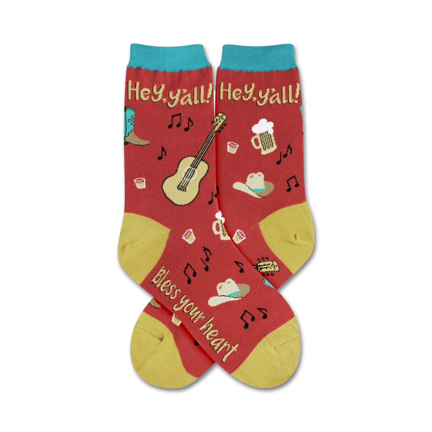 Pair of red crew socks with a teal cuff. Features a country design with guitars, boots, hats, and music notes. Text reads 'Hey Y'all!' and 'Bless your heart'.