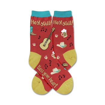 hey y'all country themed womens red novelty crew socks
