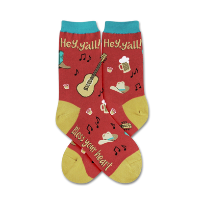 women's country crew socks in red feature musical notes, cowboy boots, hats, guitars, beer mugs, and cacti.   