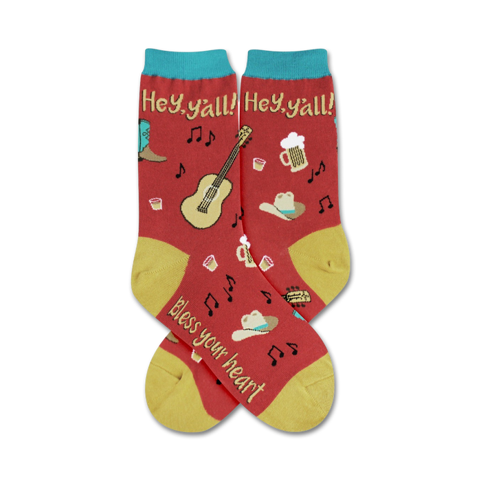 women's country crew socks in red feature musical notes, cowboy boots, hats, guitars, beer mugs, and cacti.    }}