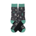 Pair of dark gray crew socks with a teal cuff. The socks are adorned with a pattern of vintage cameras and the word 'Click!'