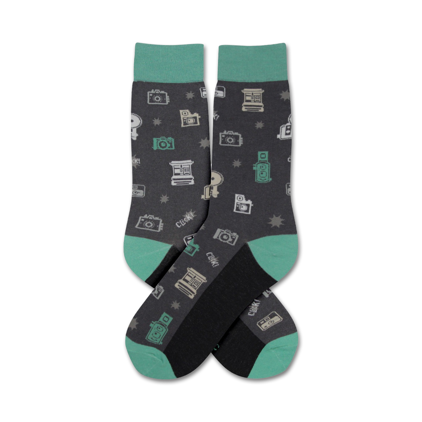 Pair of dark gray crew socks with a teal cuff. The socks are adorned with a pattern of vintage cameras and the word 'Click!'