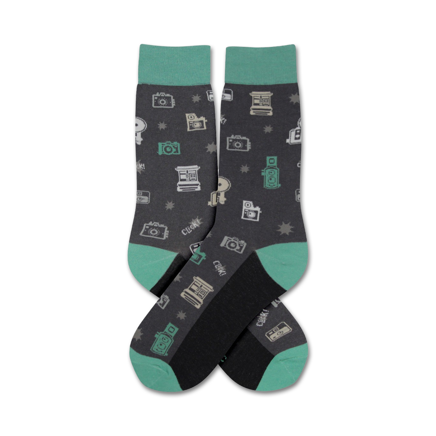 Pair of dark gray crew socks with a teal cuff. The socks are adorned with a pattern of vintage cameras and the word 'Click!'