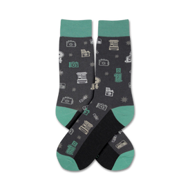 black camera, star, and "click" socks with teal toes, heels & cuffs for men.  