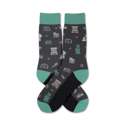 black camera, star, and "click" socks with teal toes, heels & cuffs for men.  