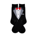 Pair of black crew socks with a tuxedo-printed design.  Features a grey suit jacket, white shirt, and red bow tie.