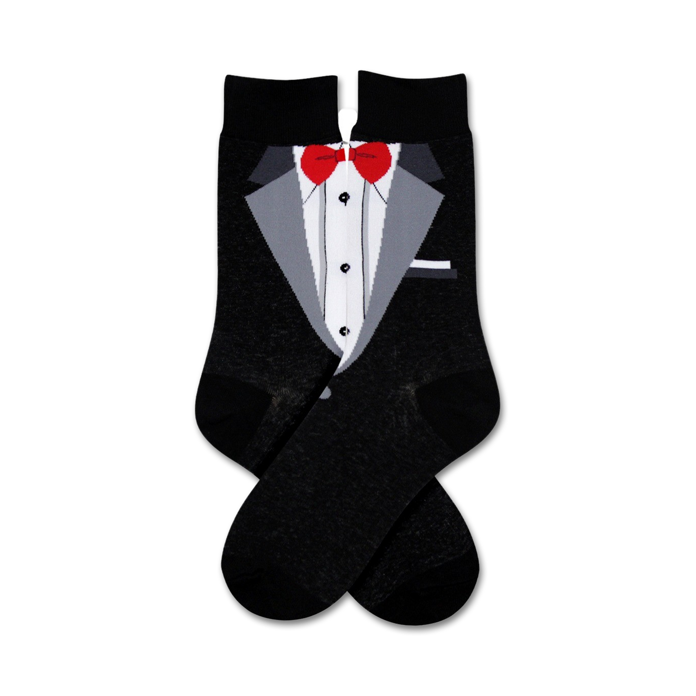 Pair of black crew socks with a tuxedo-printed design.  Features a grey suit jacket, white shirt, and red bow tie.