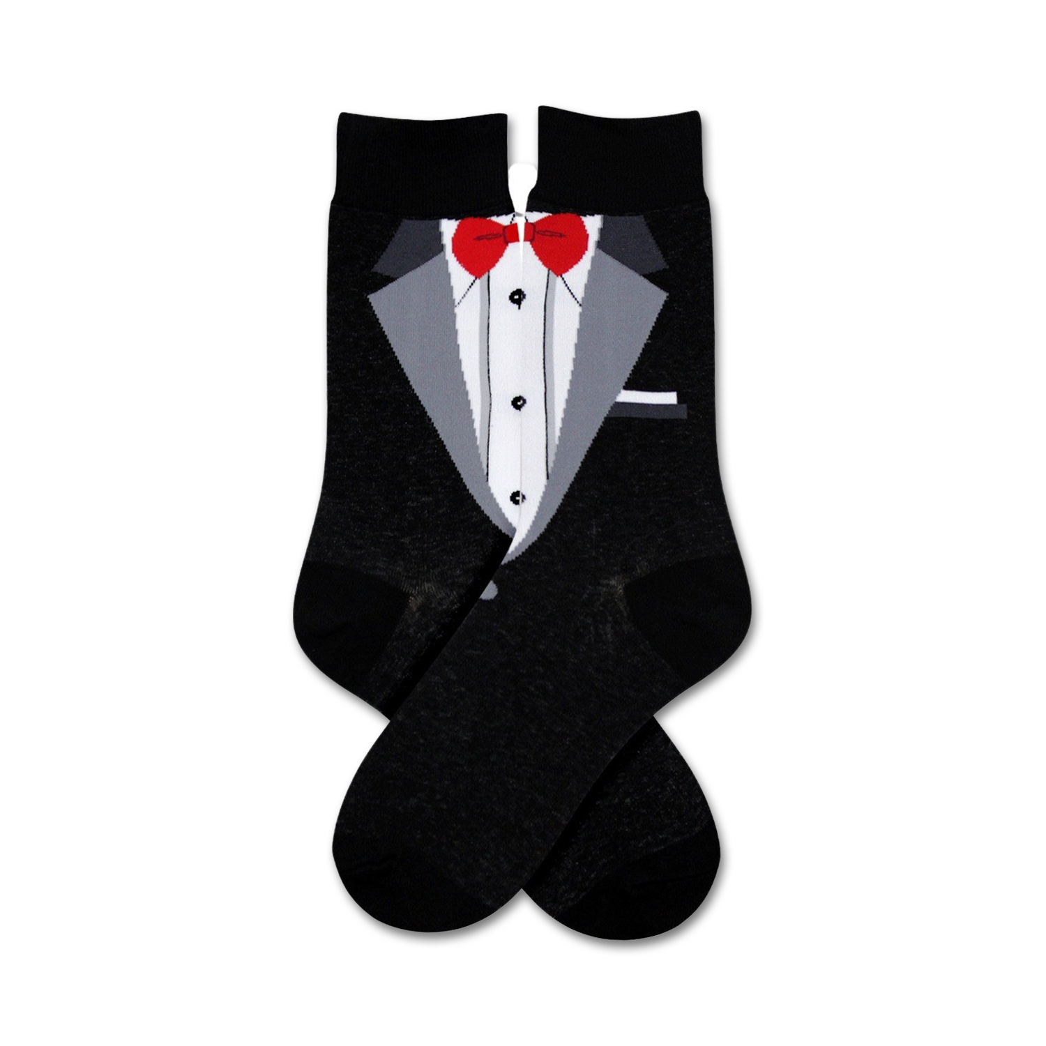 Pair of black crew socks with a tuxedo-printed design.  Features a grey suit jacket, white shirt, and red bow tie.