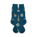 Pair of teal crew socks with a repeating pattern of cats wearing sunglasses.  The cats are white, black, orange, and calico.